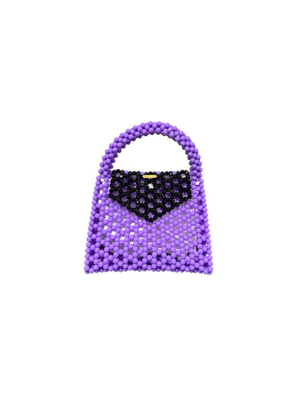 Royal Glam Beaded Handbag – Purple & Black with Gold Chain Accent